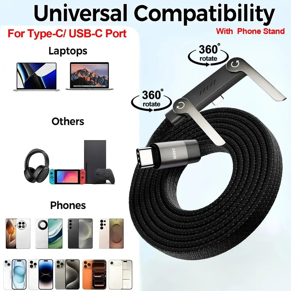 Cable de carga rápida Type-C a Type-C de 240W con soporte plegable para teléfono, compatible con iPhone 17/16/15 y dispositivos Samsung — Facemu Flux-240 (imagen 7 de 10)